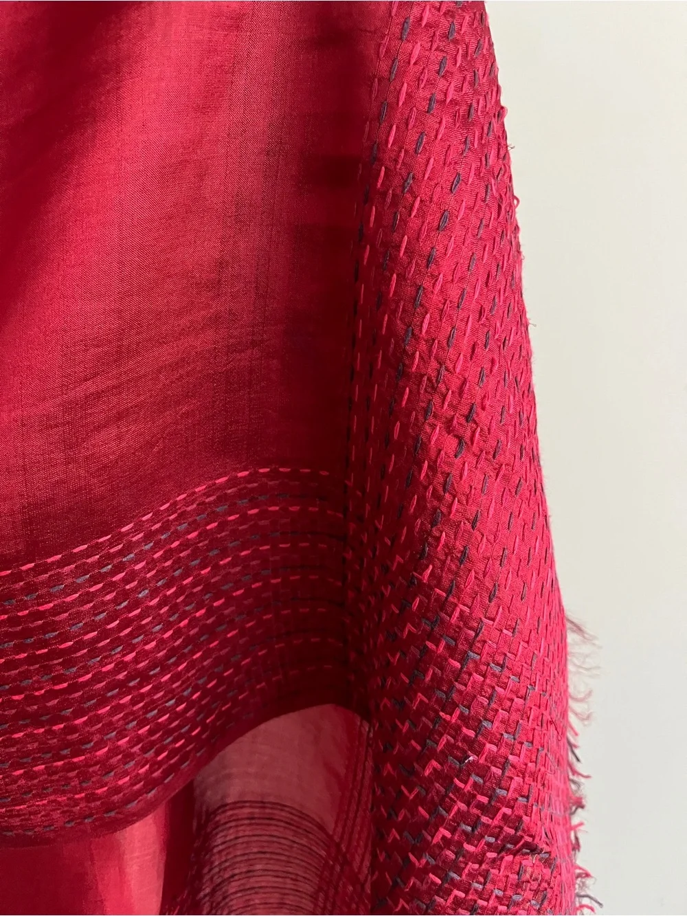 FabIndia Style Handwoven 100% Silk Kantha Hand Embroidered Wrap Stole Red 74